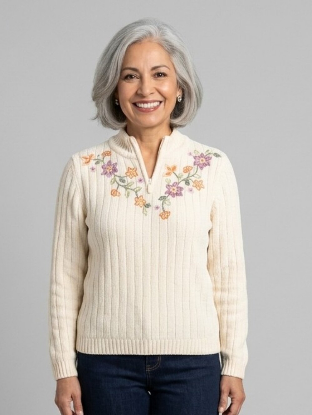 VTG PS Alfred Dunner Beaded Embroidered Cream Chenille Floral Grannycore Sweater